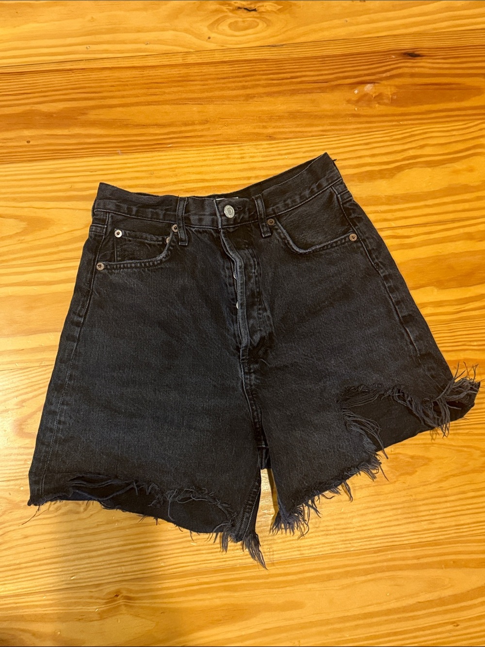 Agolde Black High-Rise Distressed Denim Shorts